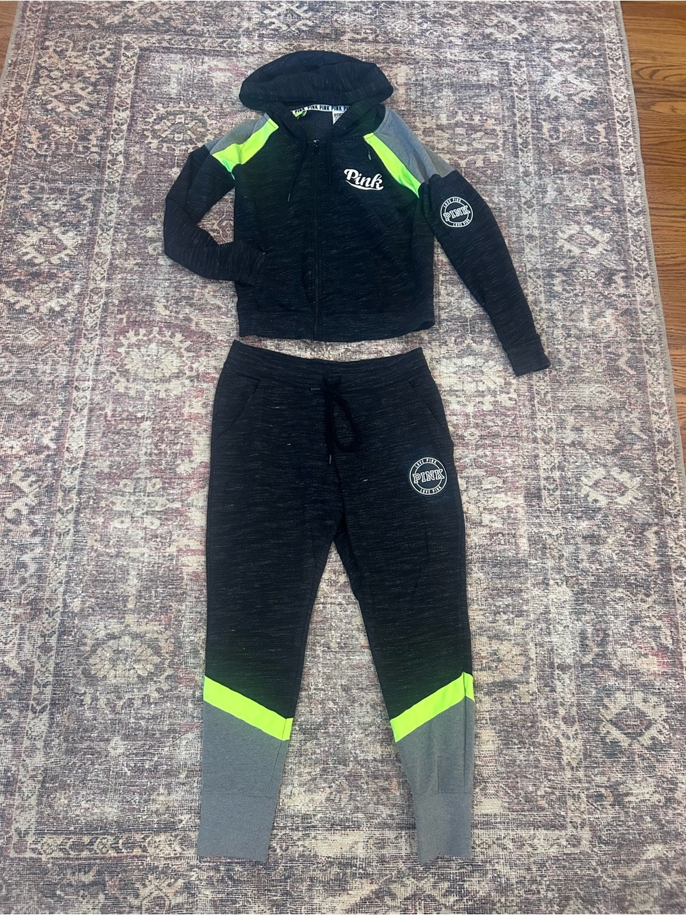 PINK Victoria's Secret Black Heather Hoodie with Neon Green Accents